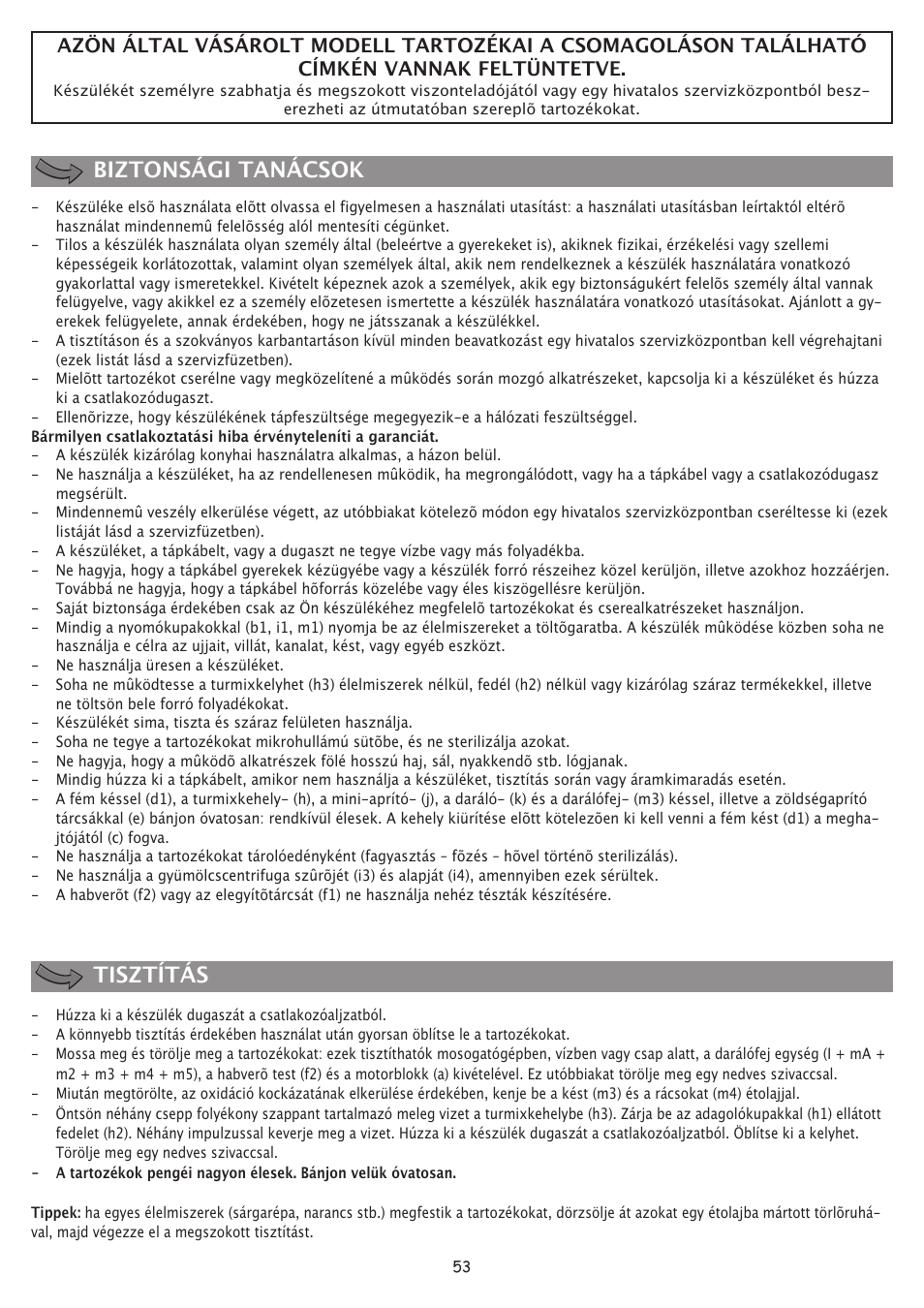 Biztonsági tanácsok tisztítás | Moulinex FP 655 User Manual | Page 55 / 70