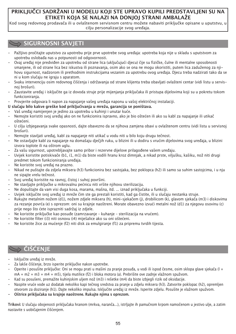Sigurnosni savjeti čišćenje | Moulinex FP 655 User Manual | Page 57 / 70
