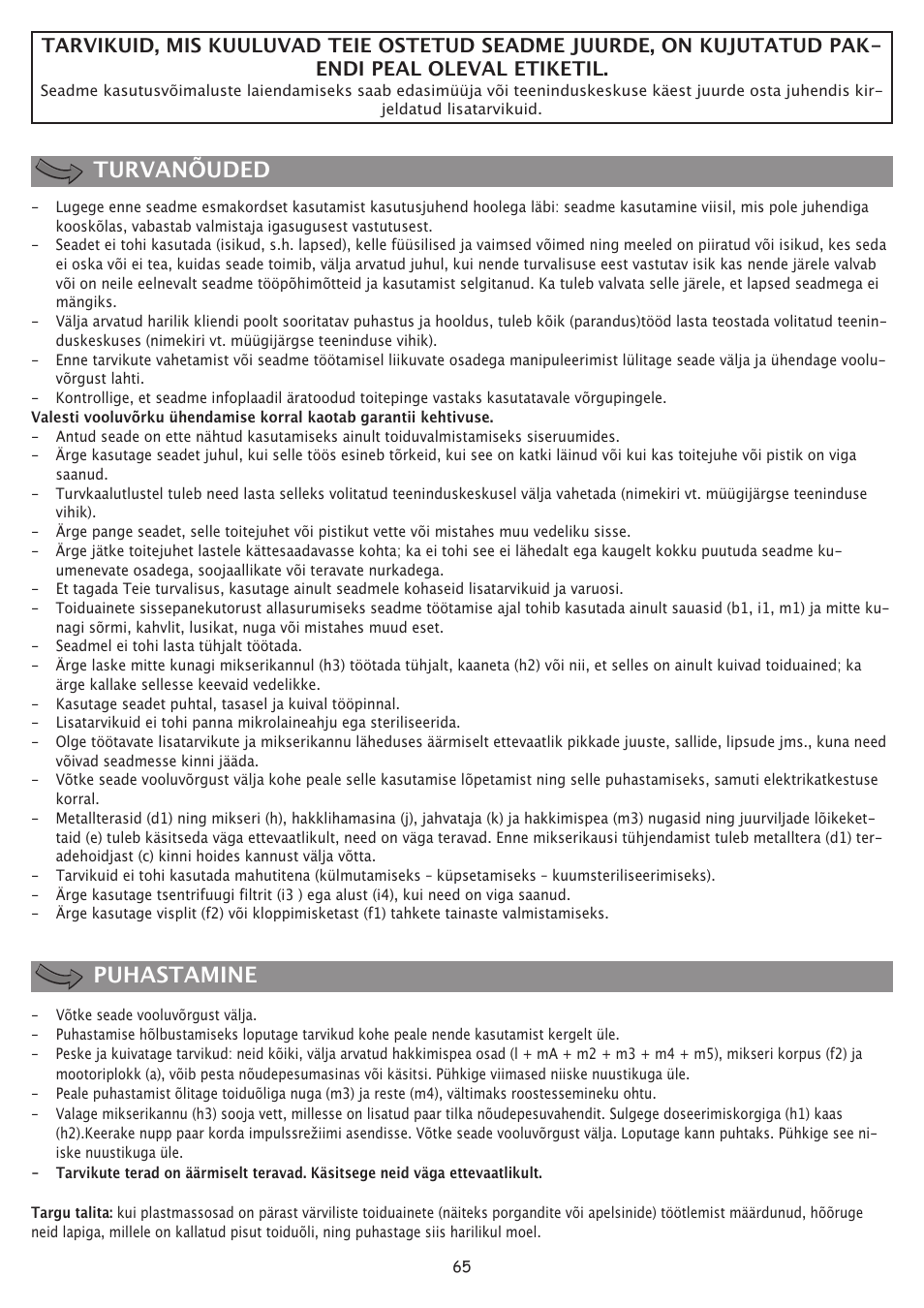 Turvanõuded puhastamine | Moulinex FP 655 User Manual | Page 67 / 70