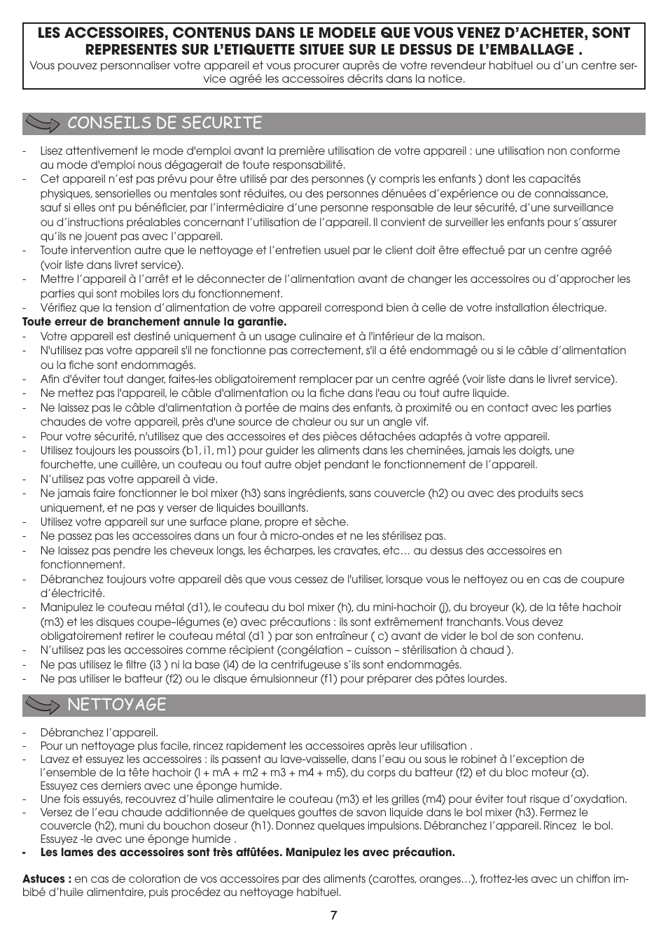 Conseils de securite nettoyage | Moulinex FP 655 User Manual | Page 9 / 70