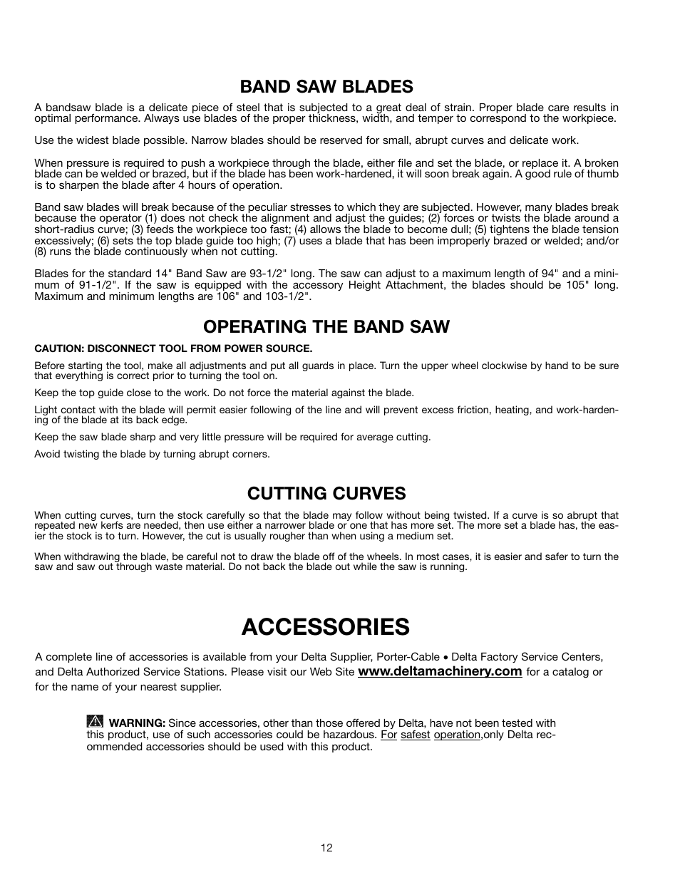 Accessories, Band saw blades, Operating the band saw | Cutting curves | Epson 28-293 User Manual | Page 12 / 16