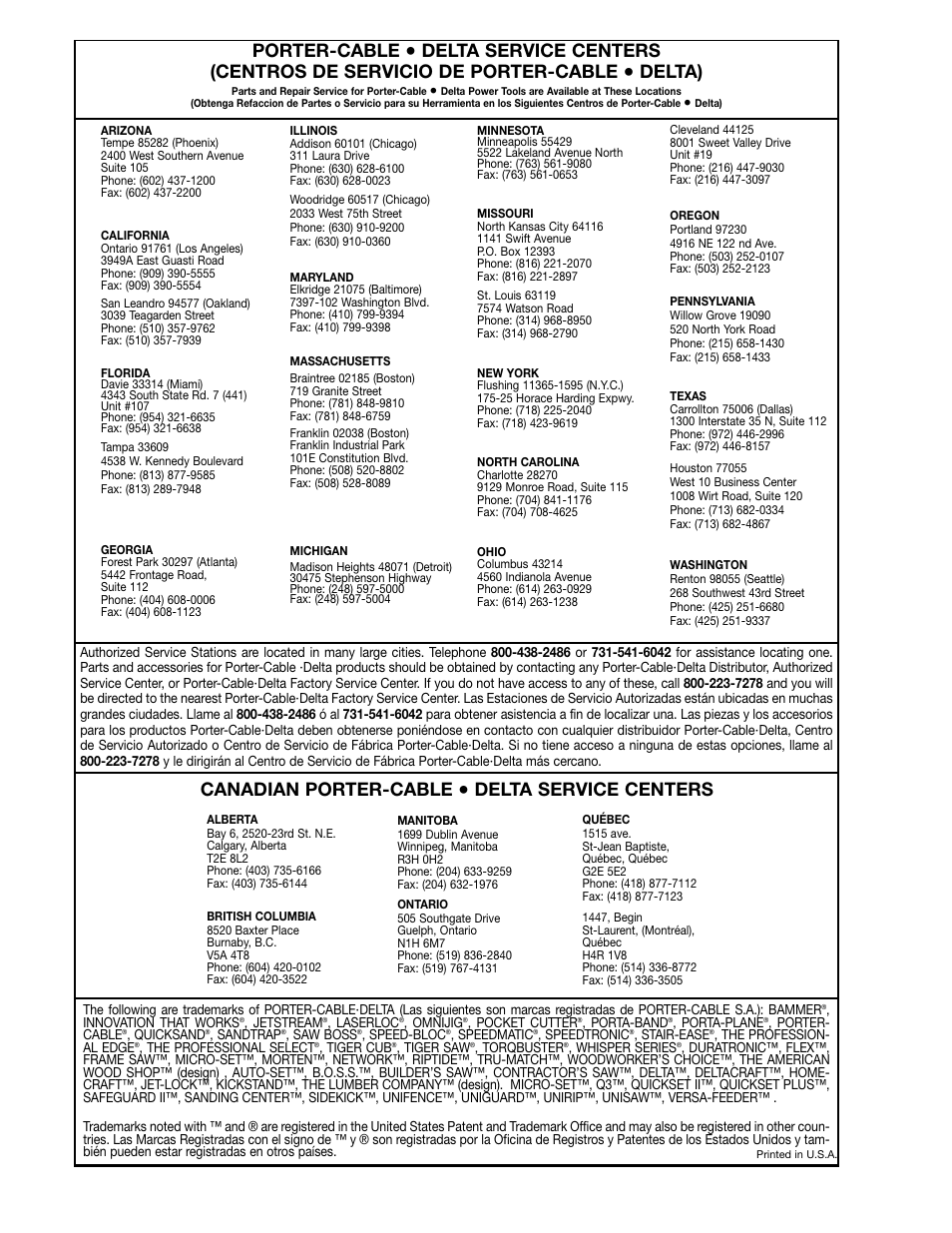 Porter-cable, Delta), Canadian porter-cable | Delta service centers | Epson 28-293 User Manual | Page 16 / 16