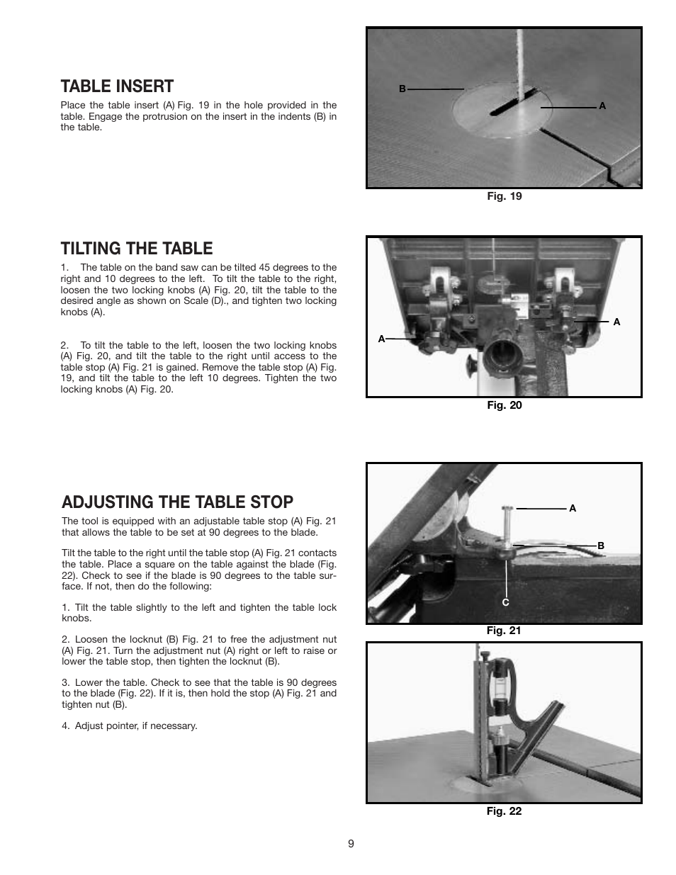Table insert, Tilting the table, Adjusting the table stop | Epson 28-293 User Manual | Page 9 / 16
