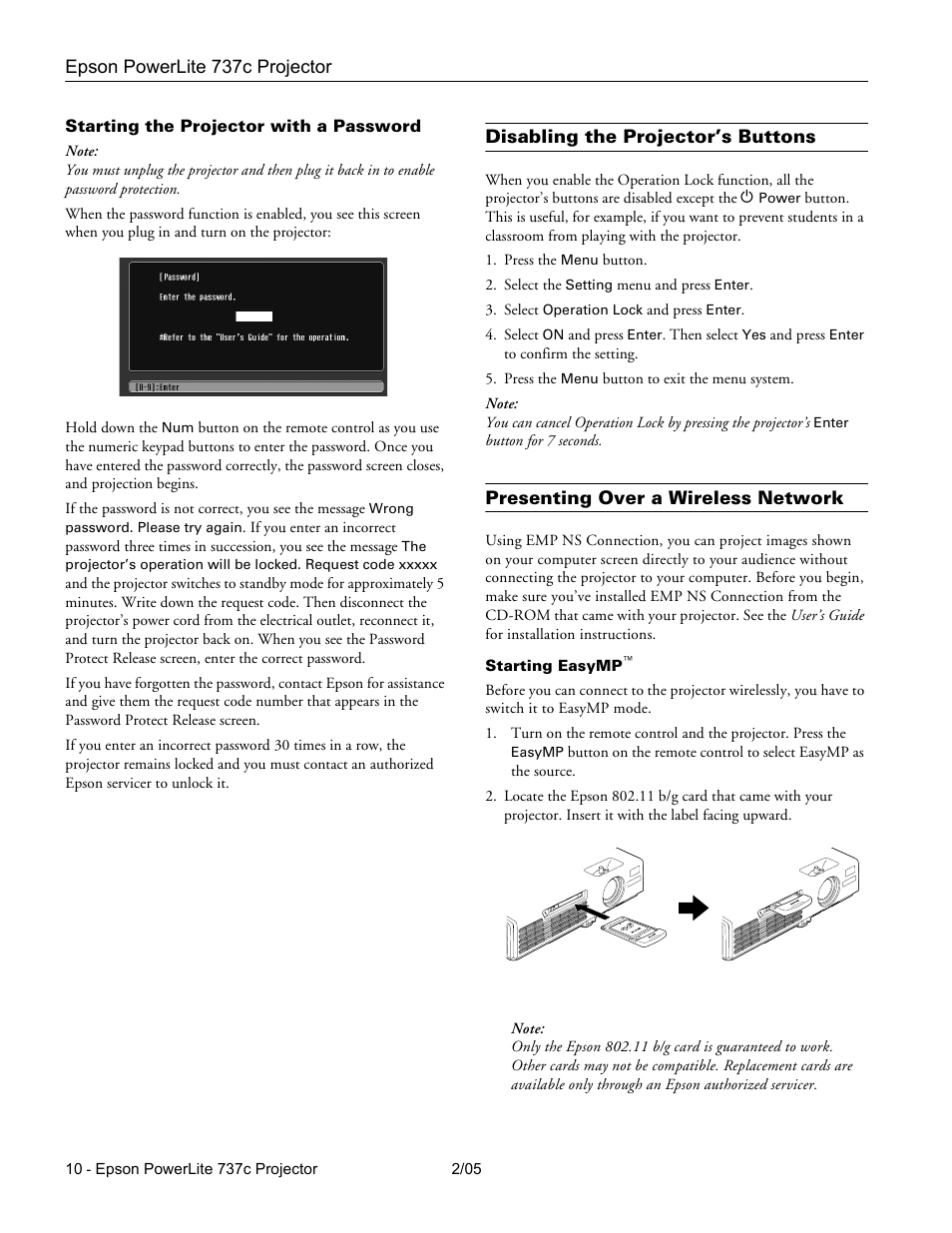 Starting the projector with a password, Disabling the projector’s buttons, Presenting over a wireless network | Starting easymp, Ee “starting the | Epson 737C User Manual | Page 10 / 23