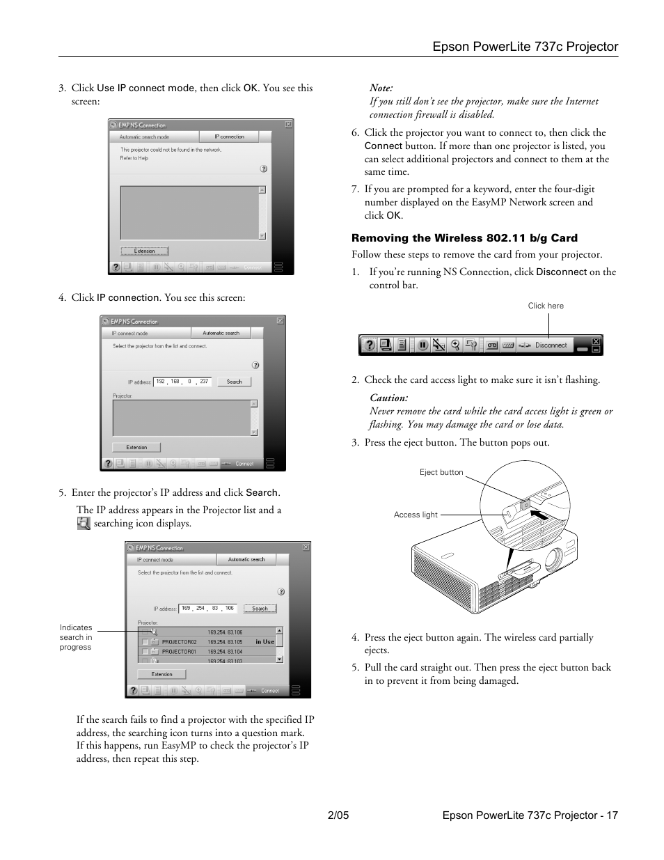 Removing the wireless 802.11 b/g card, Epson powerlite 737c projector | Epson 737C User Manual | Page 17 / 23