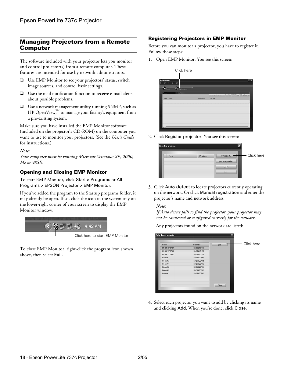 Managing projectors from a remote computer, Opening and closing emp monitor, Registering projectors in emp monitor | Epson 737C User Manual | Page 18 / 23