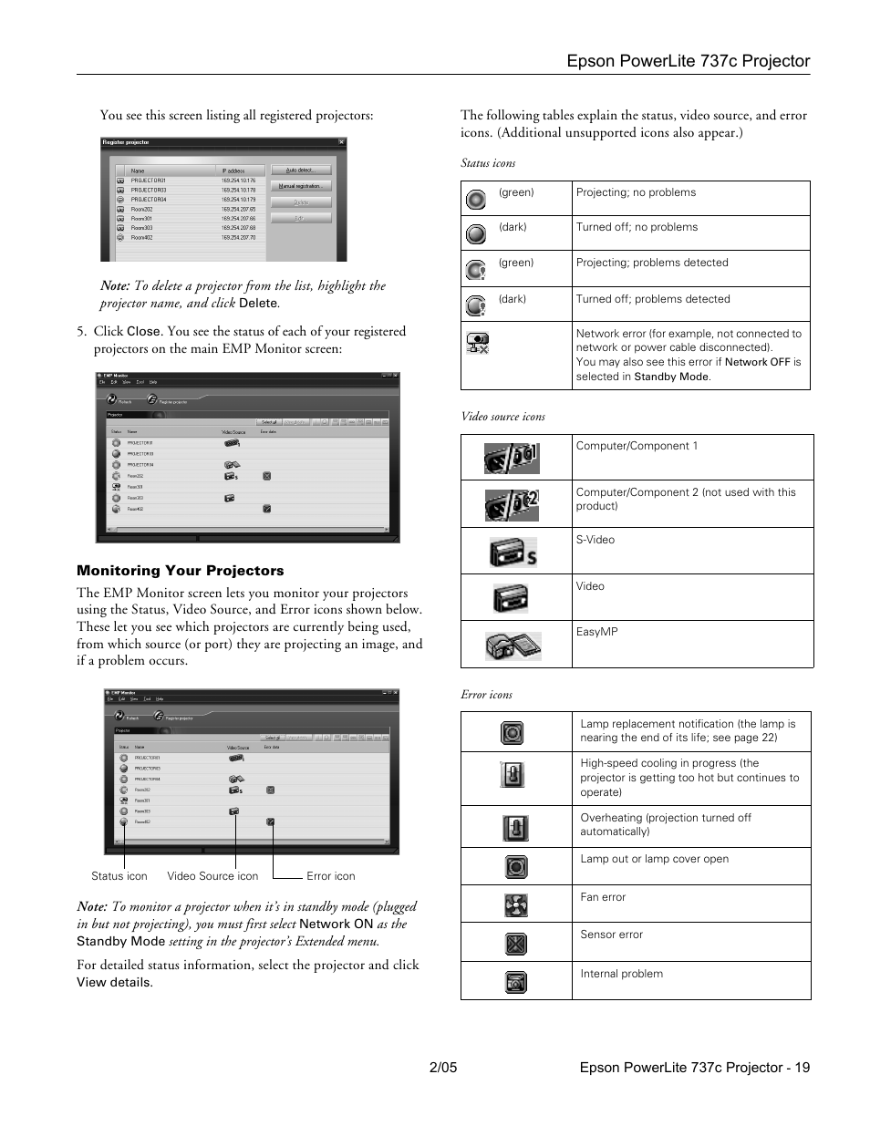 Monitoring your projectors, Epson powerlite 737c projector | Epson 737C User Manual | Page 19 / 23