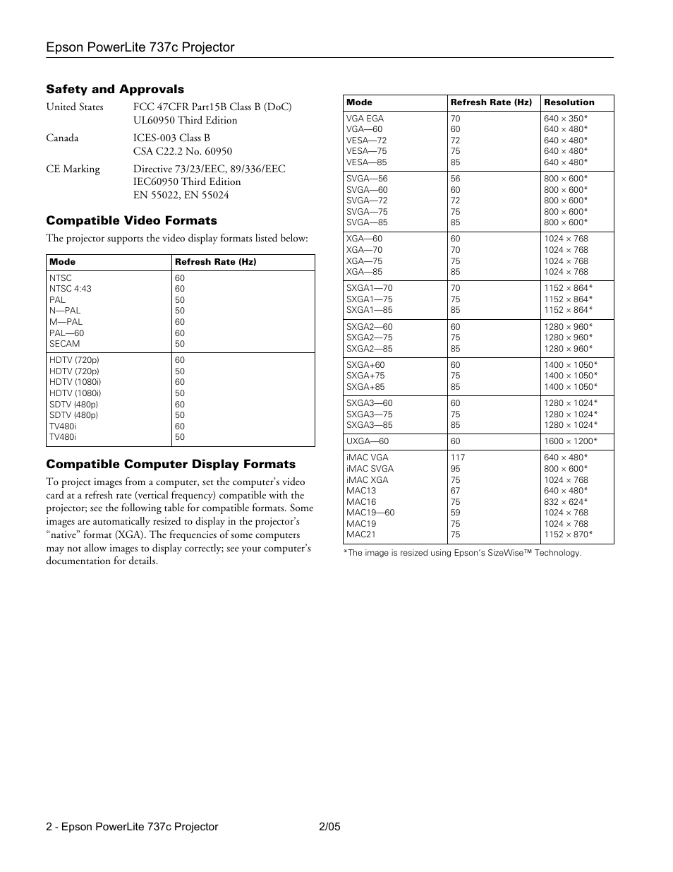 Safety and approvals, Compatible video formats, Compatible computer display formats | Epson powerlite 737c projector | Epson 737C User Manual | Page 2 / 23