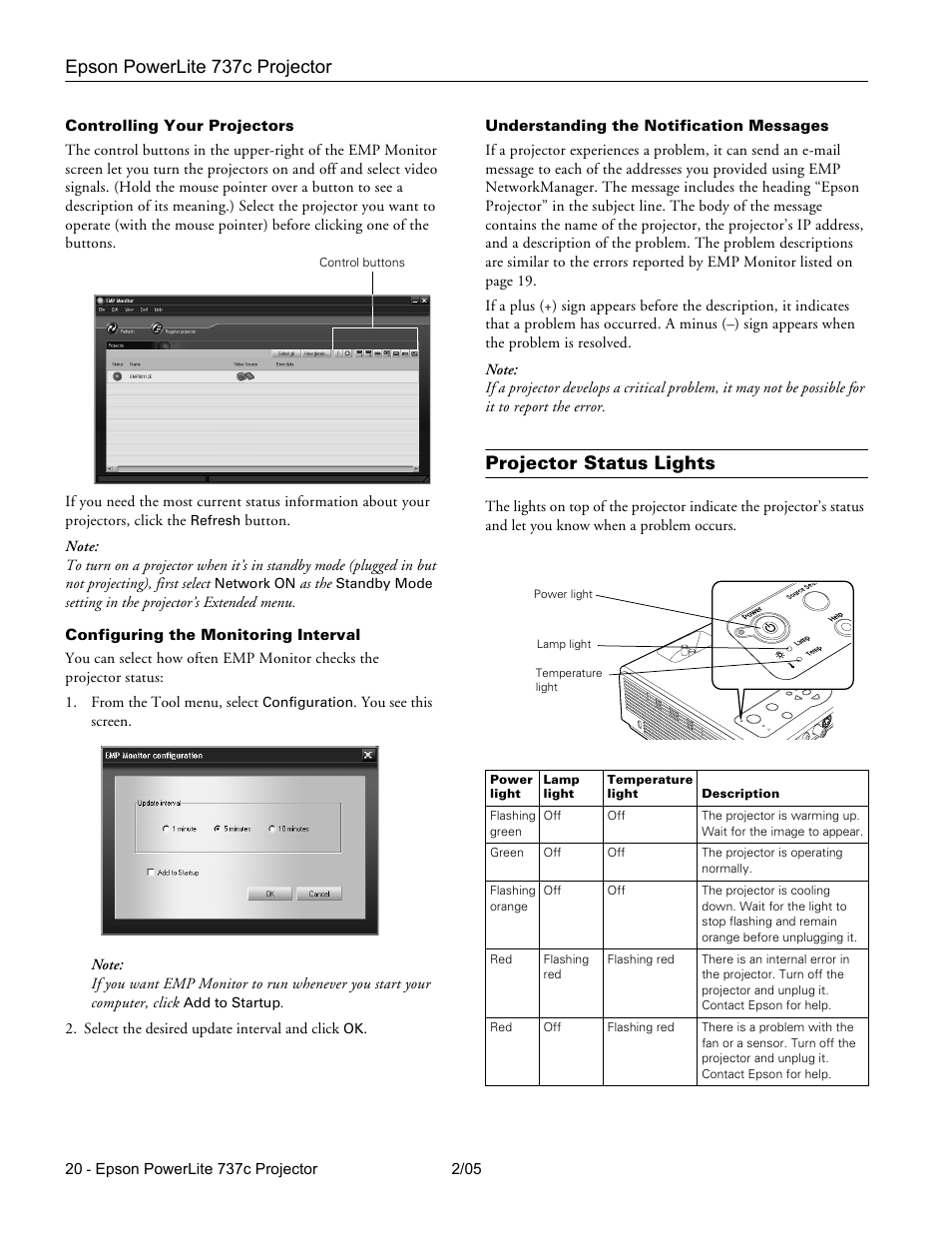 Controlling your projectors, Configuring the monitoring interval, Understanding the notification messages | Projector status lights, Epson powerlite 737c projector | Epson 737C User Manual | Page 20 / 23