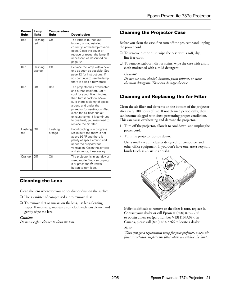 Cleaning the lens, Cleaning the projector case, Cleaning and replacing the air filter | Epson powerlite 737c projector | Epson 737C User Manual | Page 21 / 23