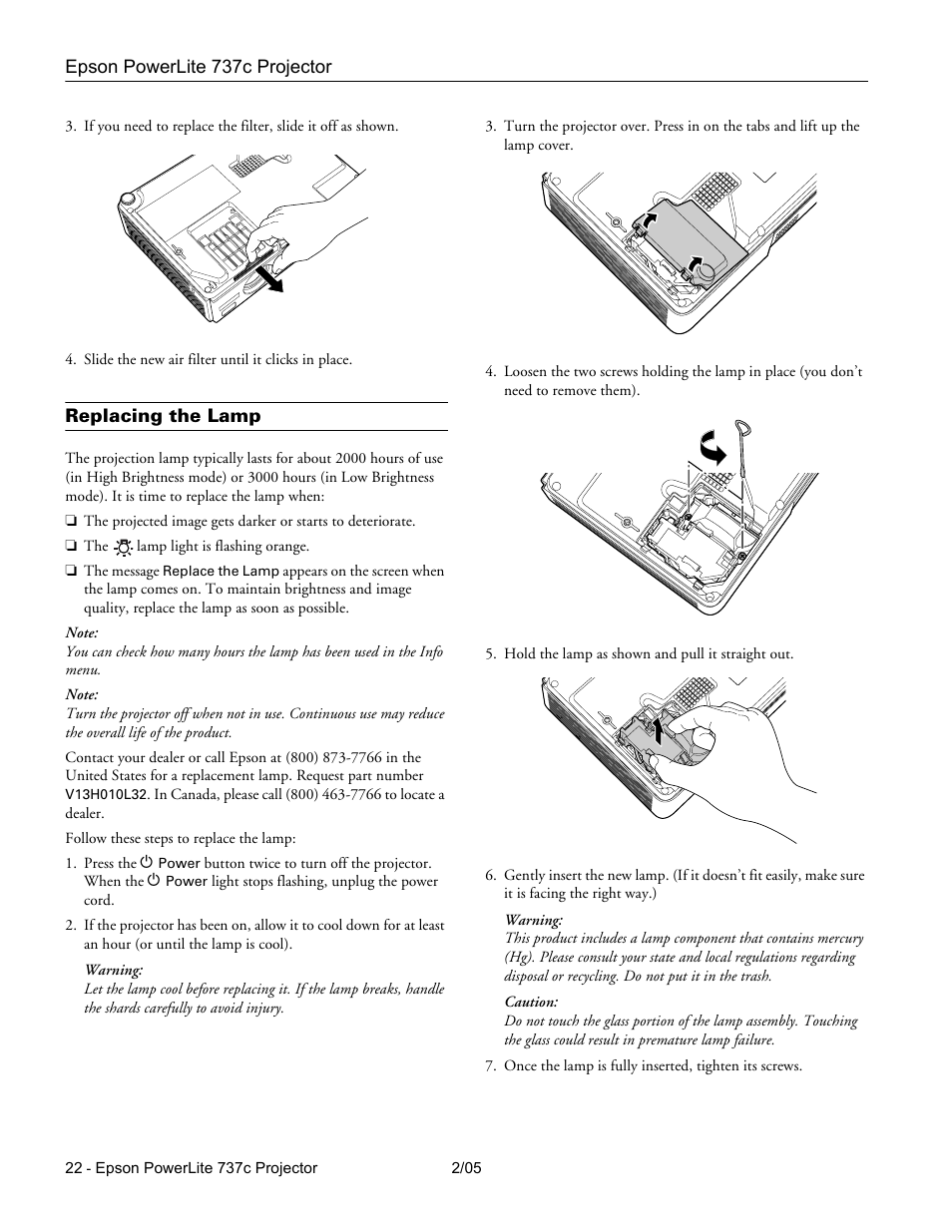 Replacing the lamp | Epson 737C User Manual | Page 22 / 23