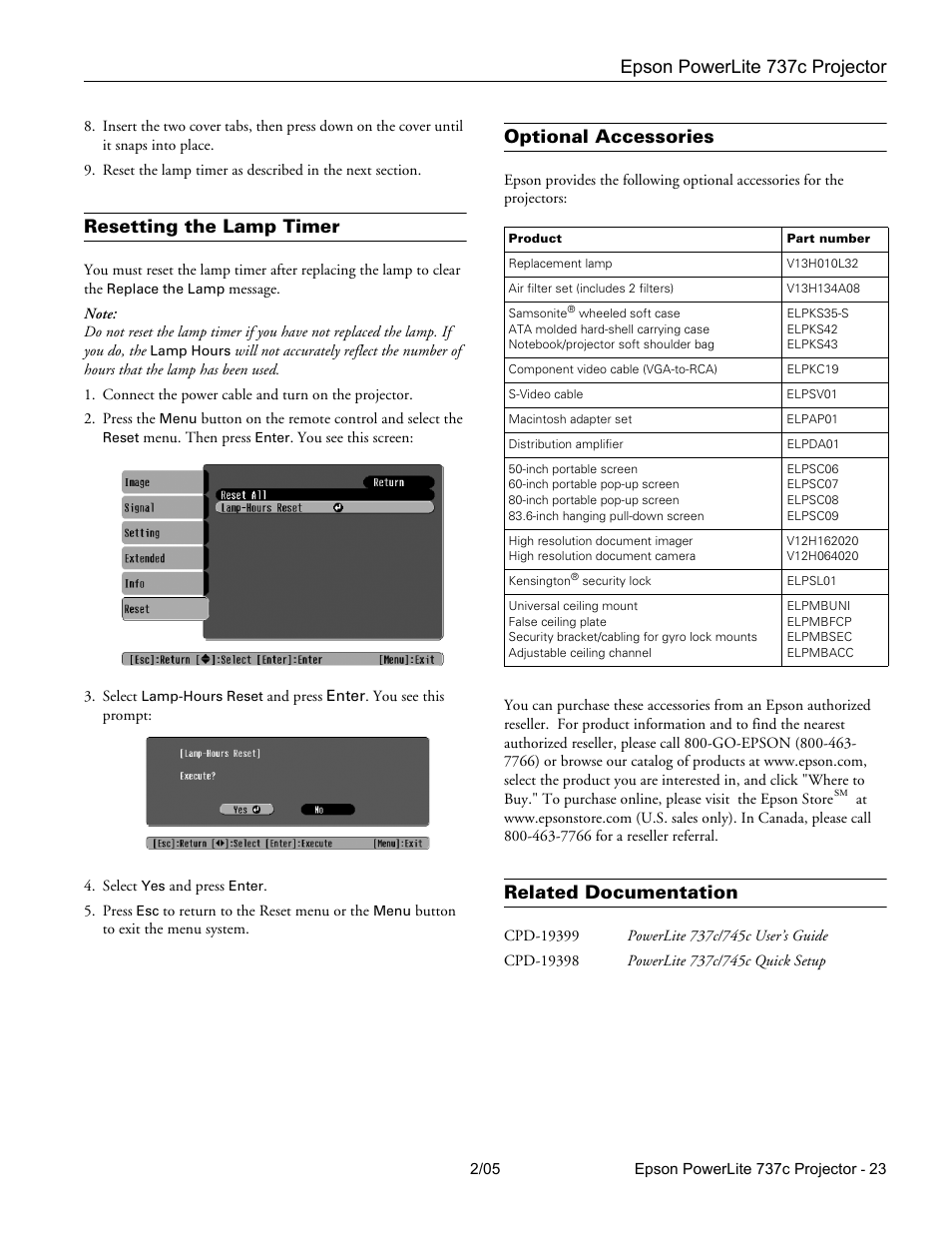 Resetting the lamp timer, Optional accessories, Related documentation | Epson powerlite 737c projector | Epson 737C User Manual | Page 23 / 23