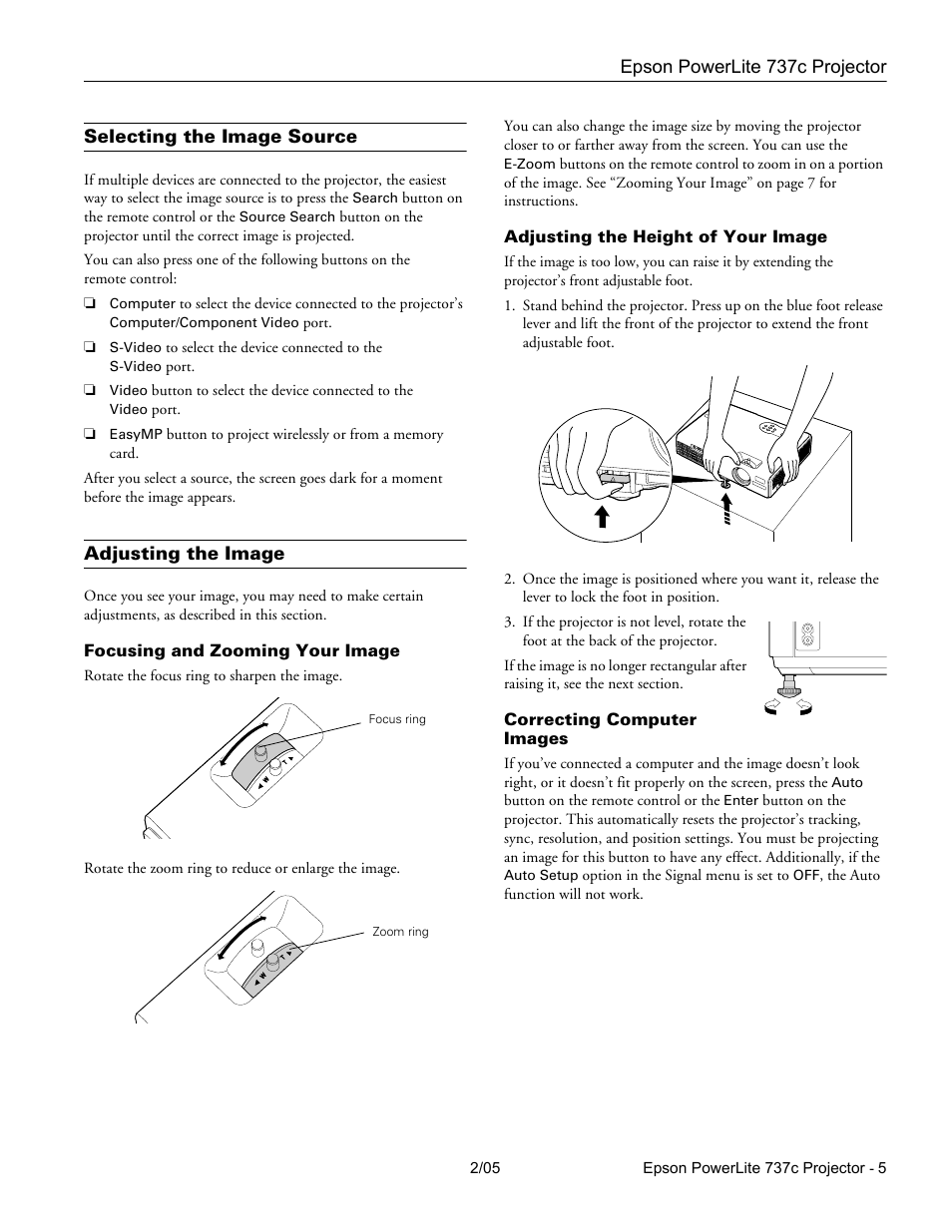 Selecting the image source, Adjusting the image, Focusing and zooming your image | Adjusting the height of your image, Correcting computer images | Epson 737C User Manual | Page 5 / 23