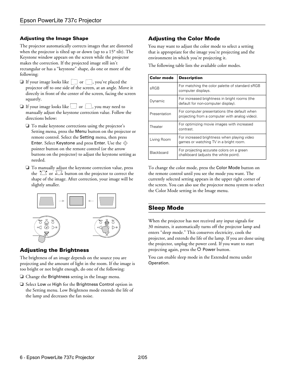 Adjusting the image shape, Adjusting the brightness, Adjusting the color mode | Sleep mode, Epson powerlite 737c projector | Epson 737C User Manual | Page 6 / 23