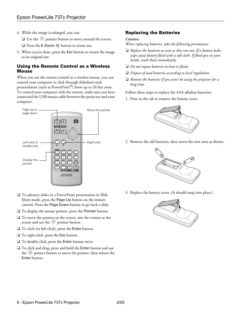 Using the remote control as a wireless mouse, Replacing the batteries | Epson 737C User Manual | Page 8 / 23