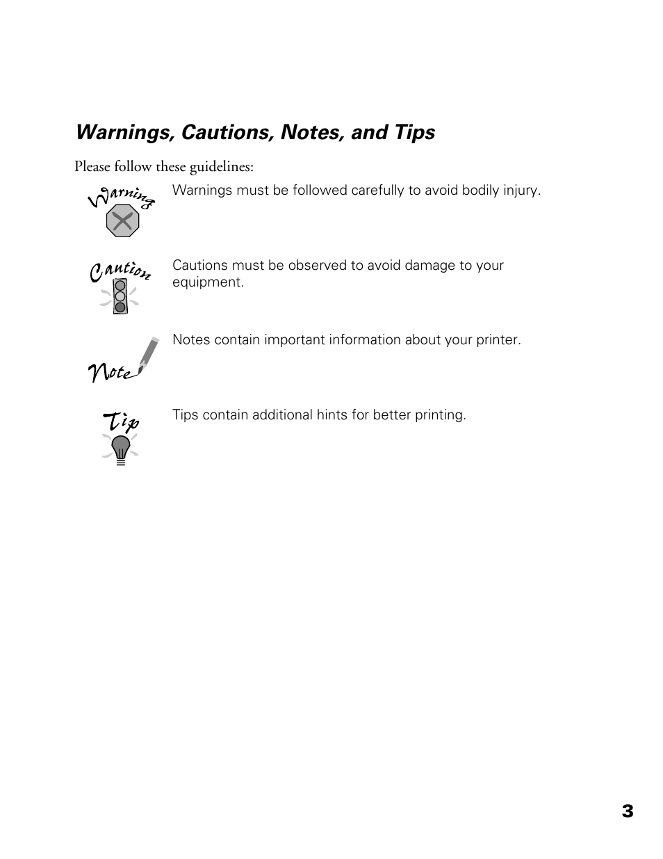 Warnings, cautions, notes, and tips | Epson 900N User Manual | Page 10 / 125