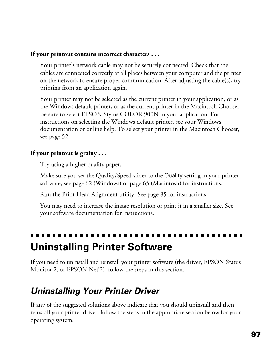 Uninstalling printer software, Uninstalling your printer driver | Epson 900N User Manual | Page 104 / 125
