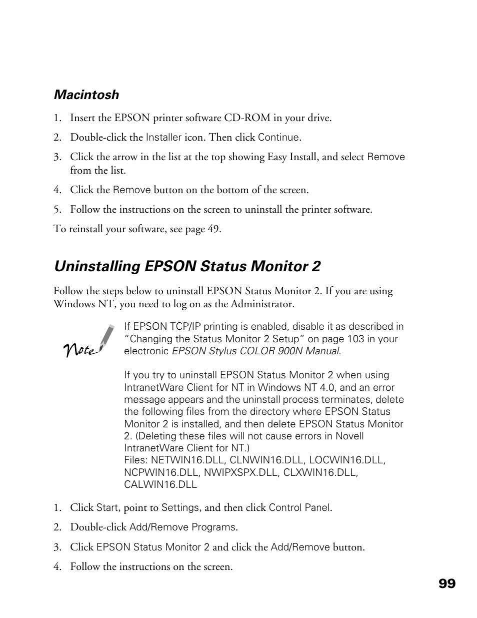 Uninstalling epson status monitor 2, 99 macintosh | Epson 900N User Manual | Page 106 / 125