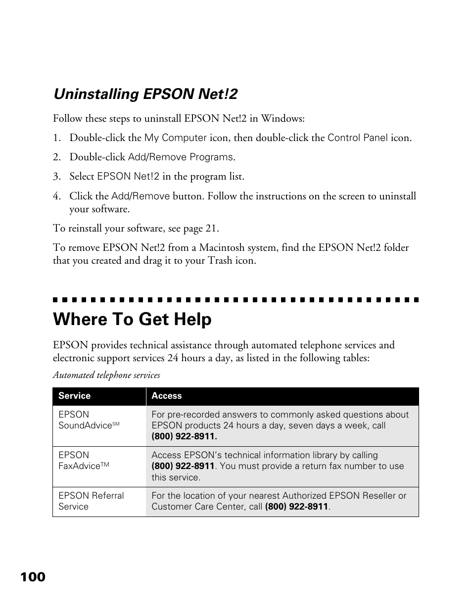 Uninstalling epson net! 2, Where to get help, Uninstalling epson net!2 | Epson 900N User Manual | Page 107 / 125