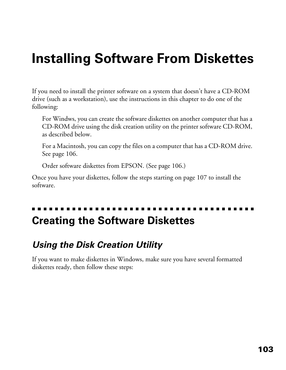 Installing software from diskettes, Creating the software diskettes, Using the disk creation utility | Epson 900N User Manual | Page 110 / 125