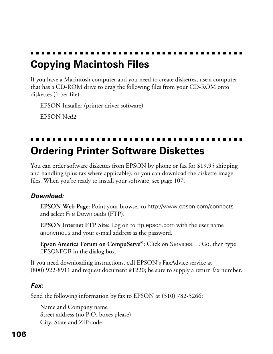Copying macintosh files, Ordering printer software diskettes | Epson 900N User Manual | Page 113 / 125