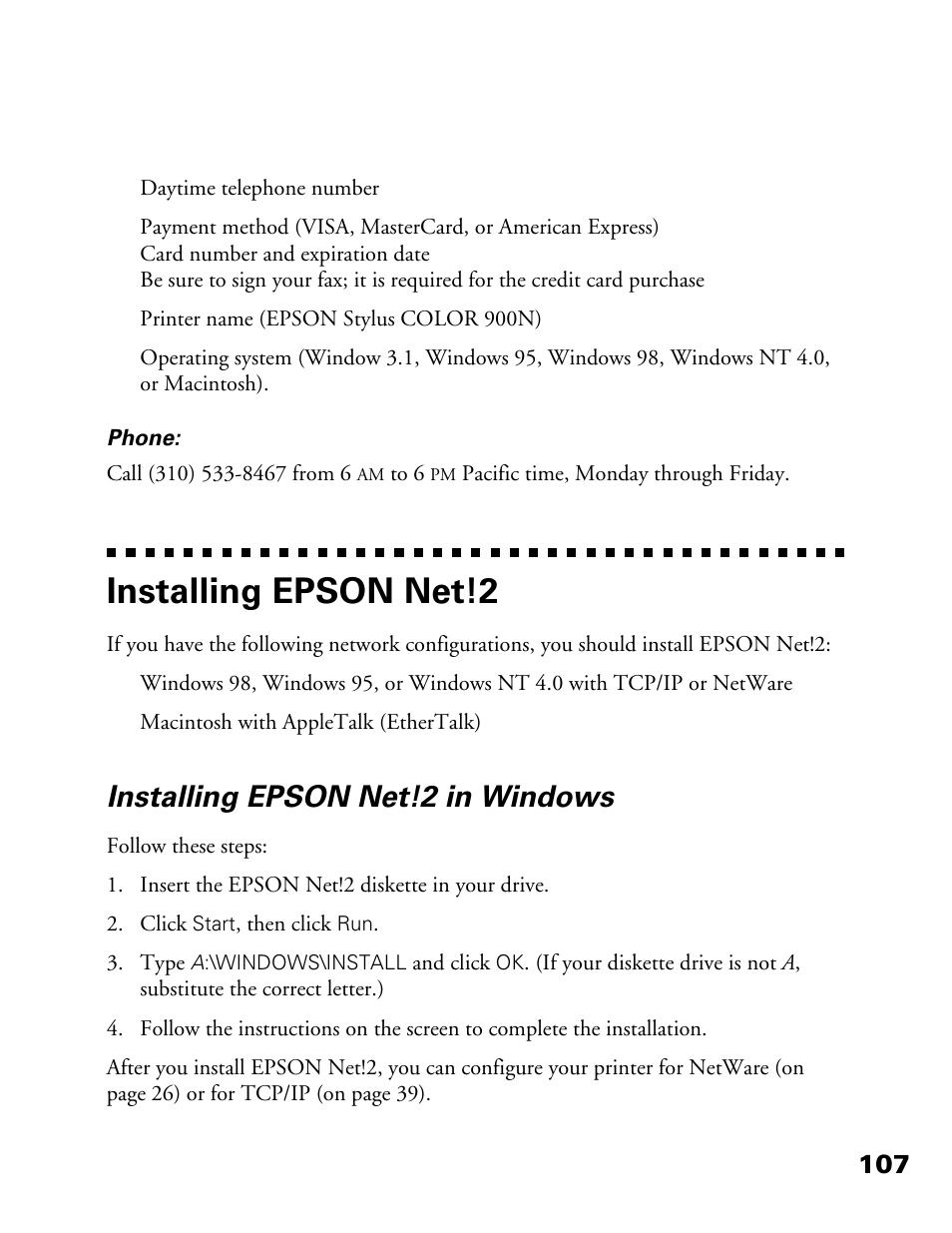 Installing epson net!2, Installing epson net! 2 in windows, Installing epson net!2 in windows | Epson 900N User Manual | Page 114 / 125