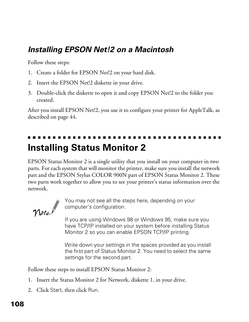 Installing epson net! 2 on a macintosh, Installing status monitor 2, Installing epson net!2 on a macintosh | Epson 900N User Manual | Page 115 / 125