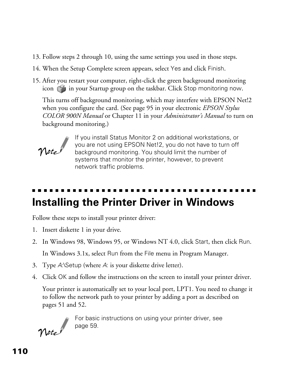 Installing the printer driver in windows | Epson 900N User Manual | Page 117 / 125