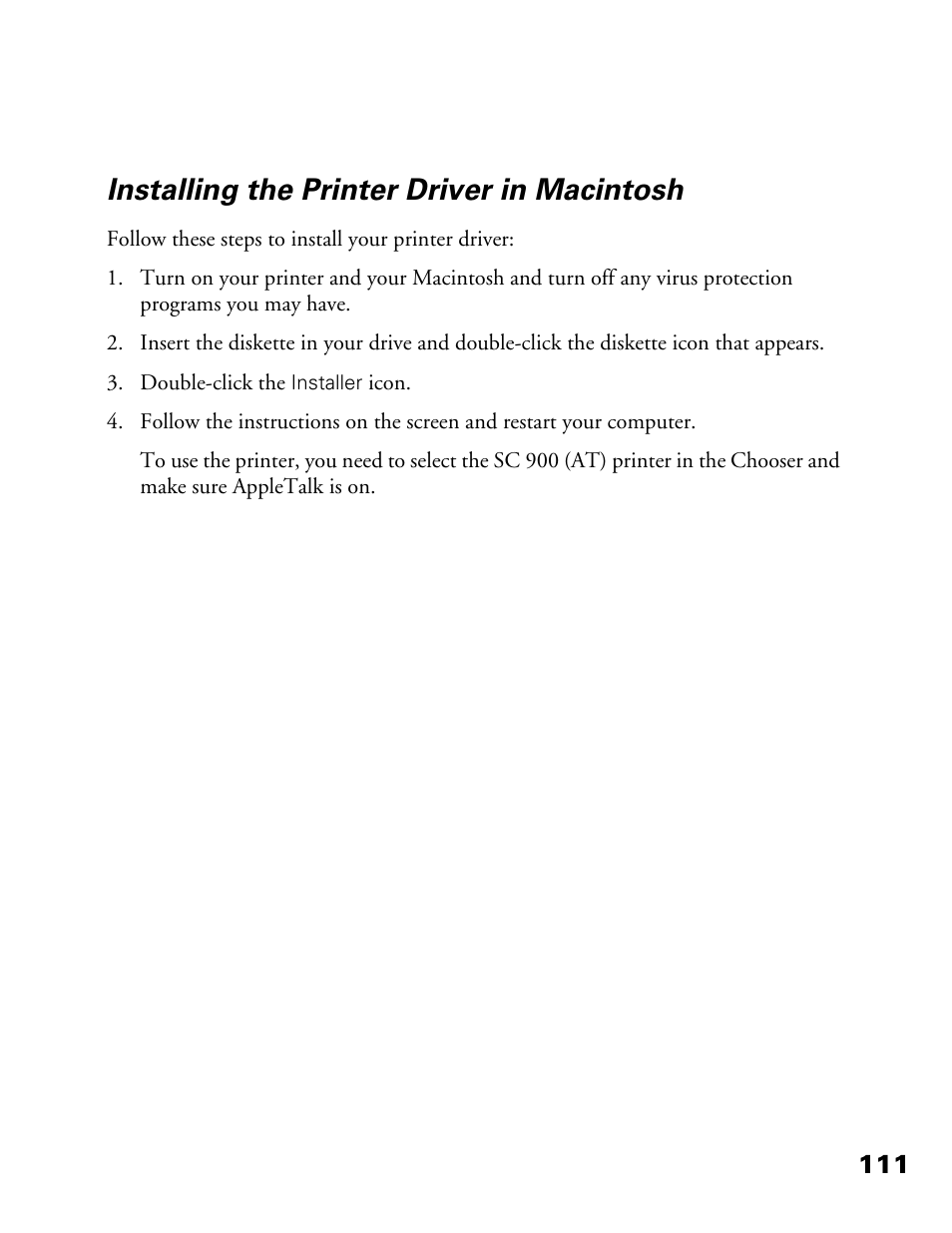 Installing the printer driver in macintosh | Epson 900N User Manual | Page 118 / 125
