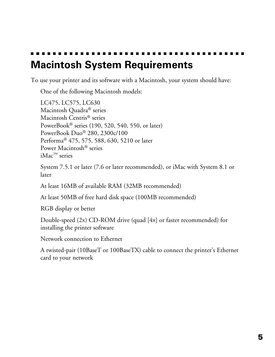 Macintosh system requirements | Epson 900N User Manual | Page 12 / 125