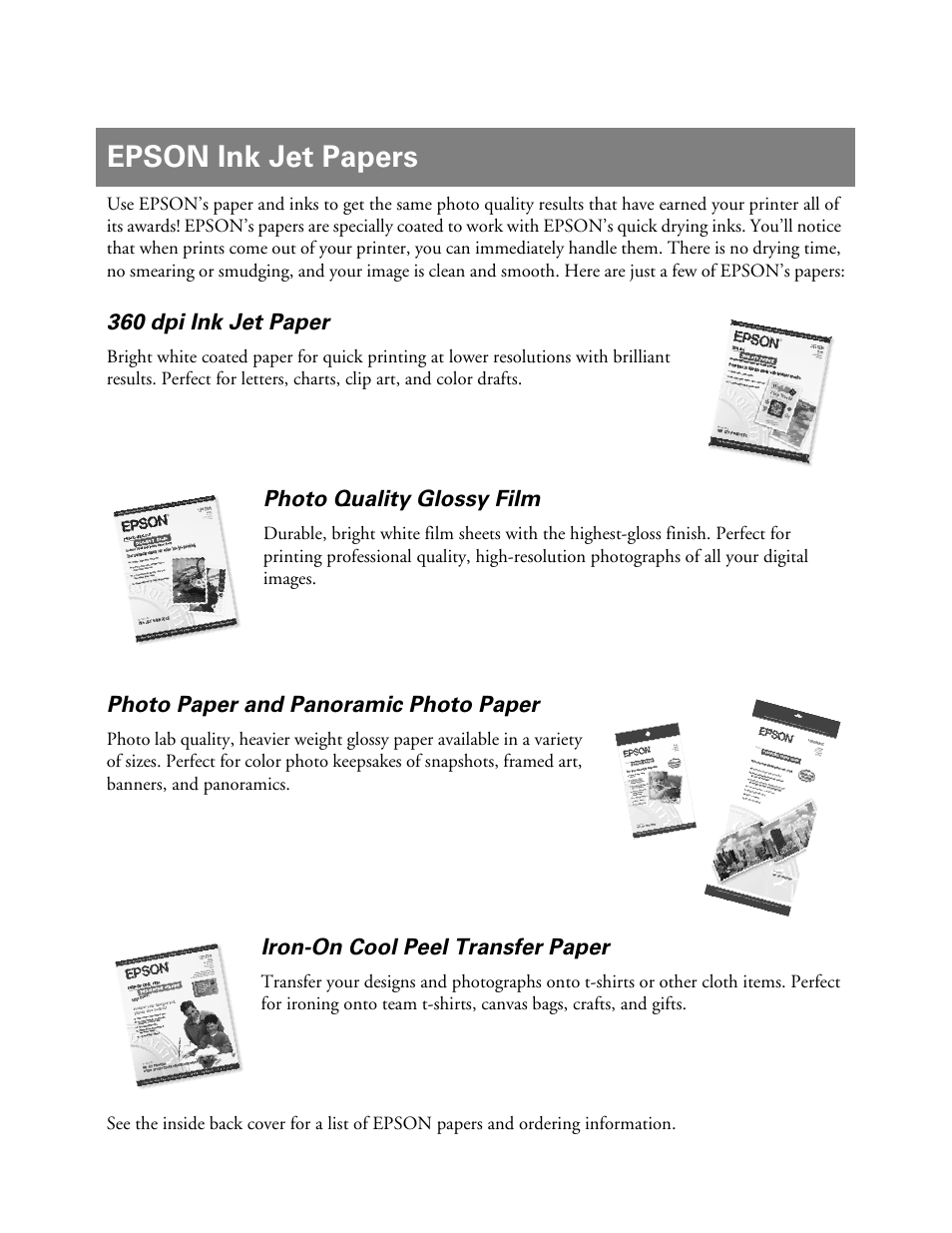 Epson ink jet papers | Epson 900N User Manual | Page 124 / 125