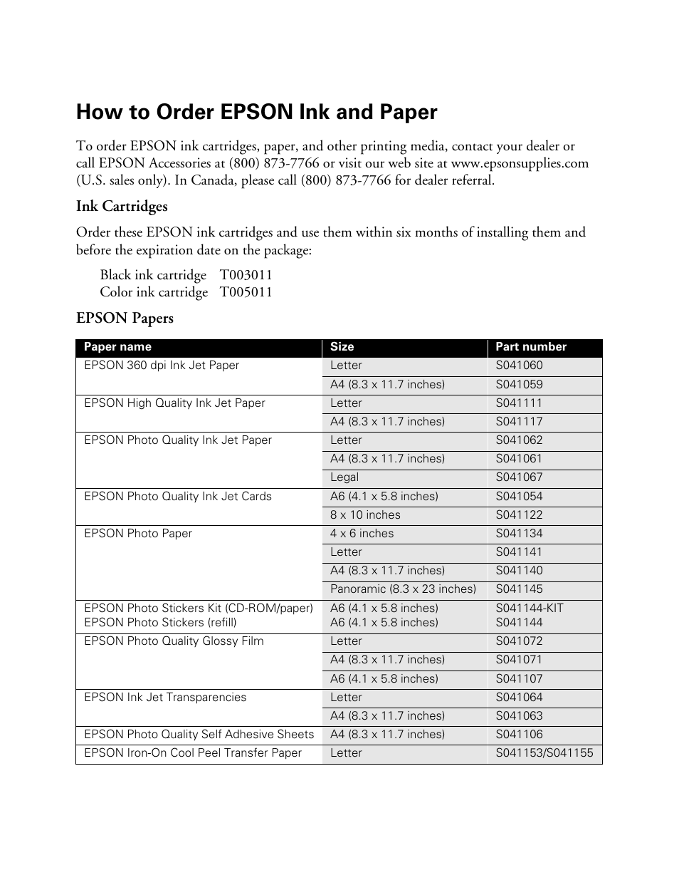 How to order epson ink and paper, Ink cartridges, Epson papers | Epson 900N User Manual | Page 125 / 125