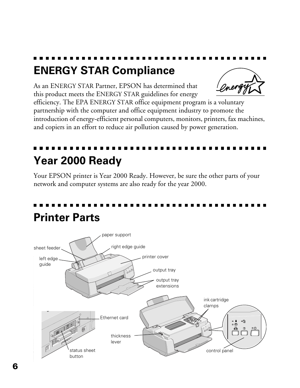 Energy star compliance, Year 2000 ready, Printer parts | Compliance, Nergy | Epson 900N User Manual | Page 13 / 125