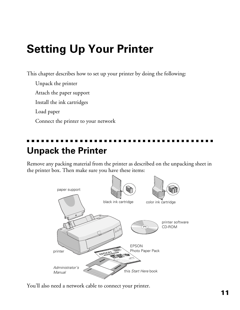 Setting up your printer, Unpack the printer | Epson 900N User Manual | Page 18 / 125