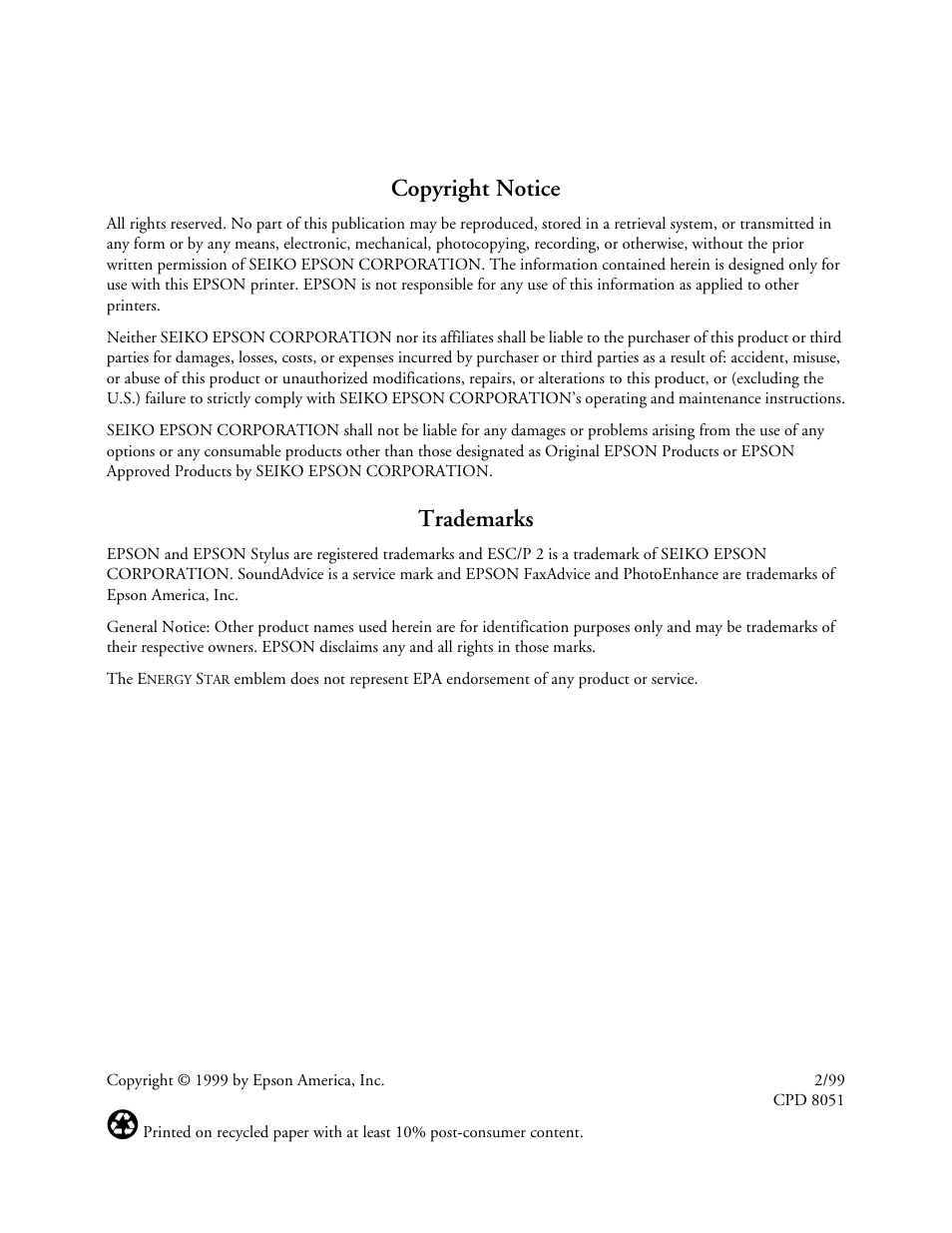 Copyright notice, Trademarks | Epson 900N User Manual | Page 2 / 125