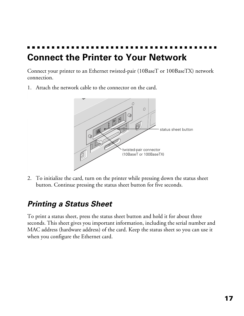 Connect the printer to your network, Printing a status sheet | Epson 900N User Manual | Page 24 / 125