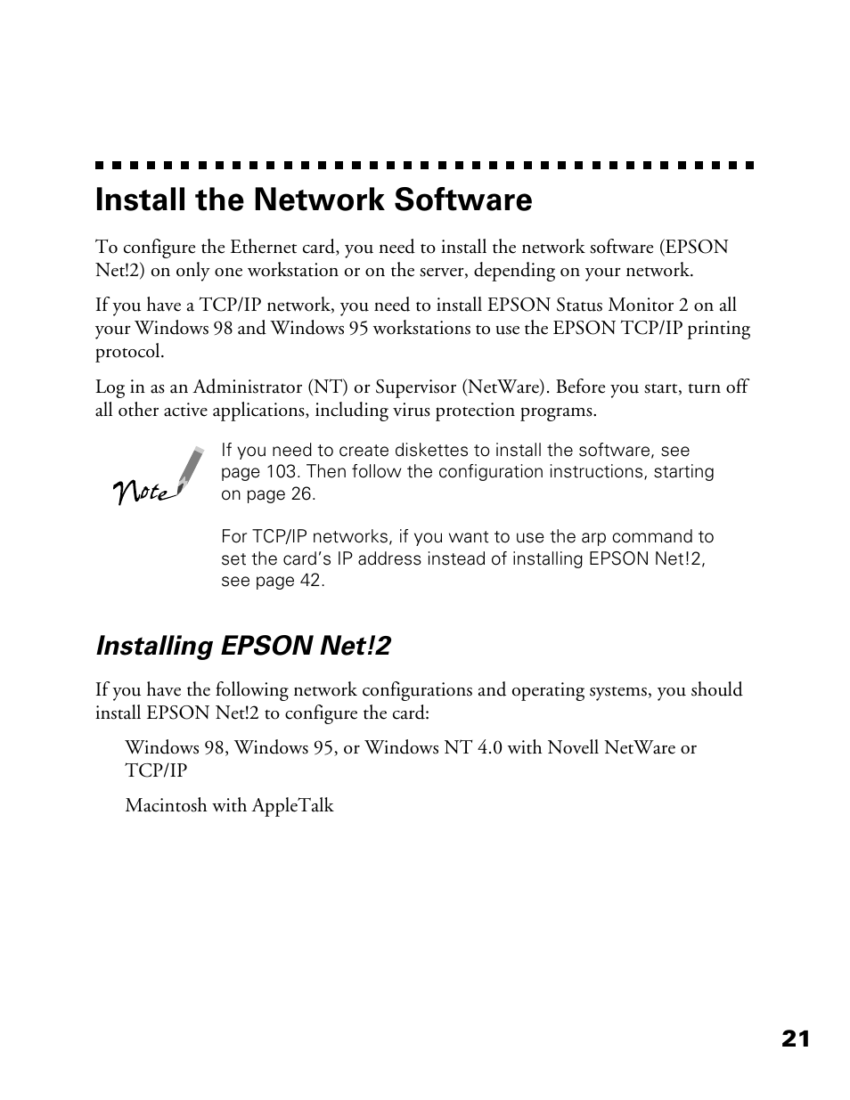 Install the network software, Installing epson net! 2, Installing epson net!2 | Epson 900N User Manual | Page 28 / 125