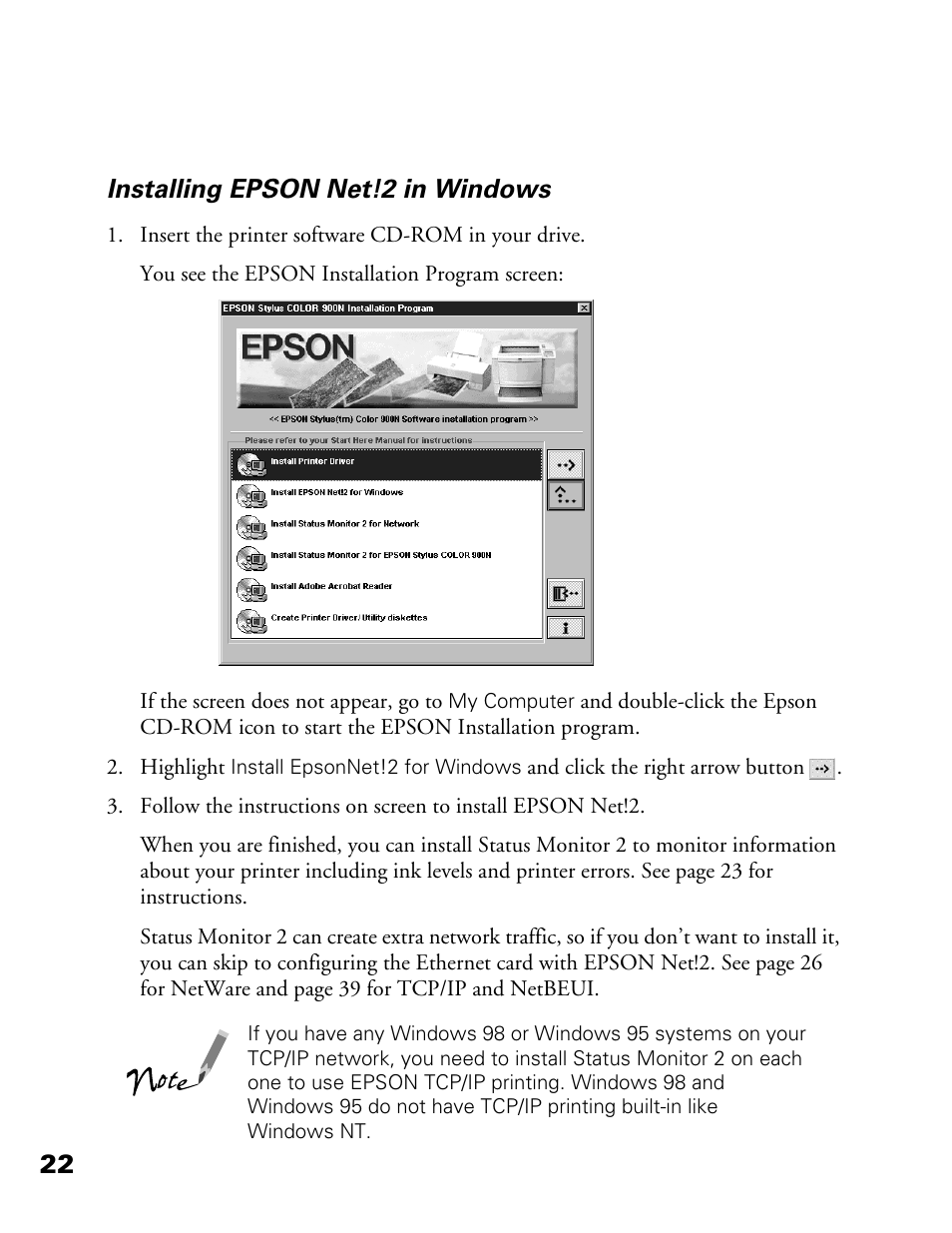 22 installing epson net!2 in windows | Epson 900N User Manual | Page 29 / 125