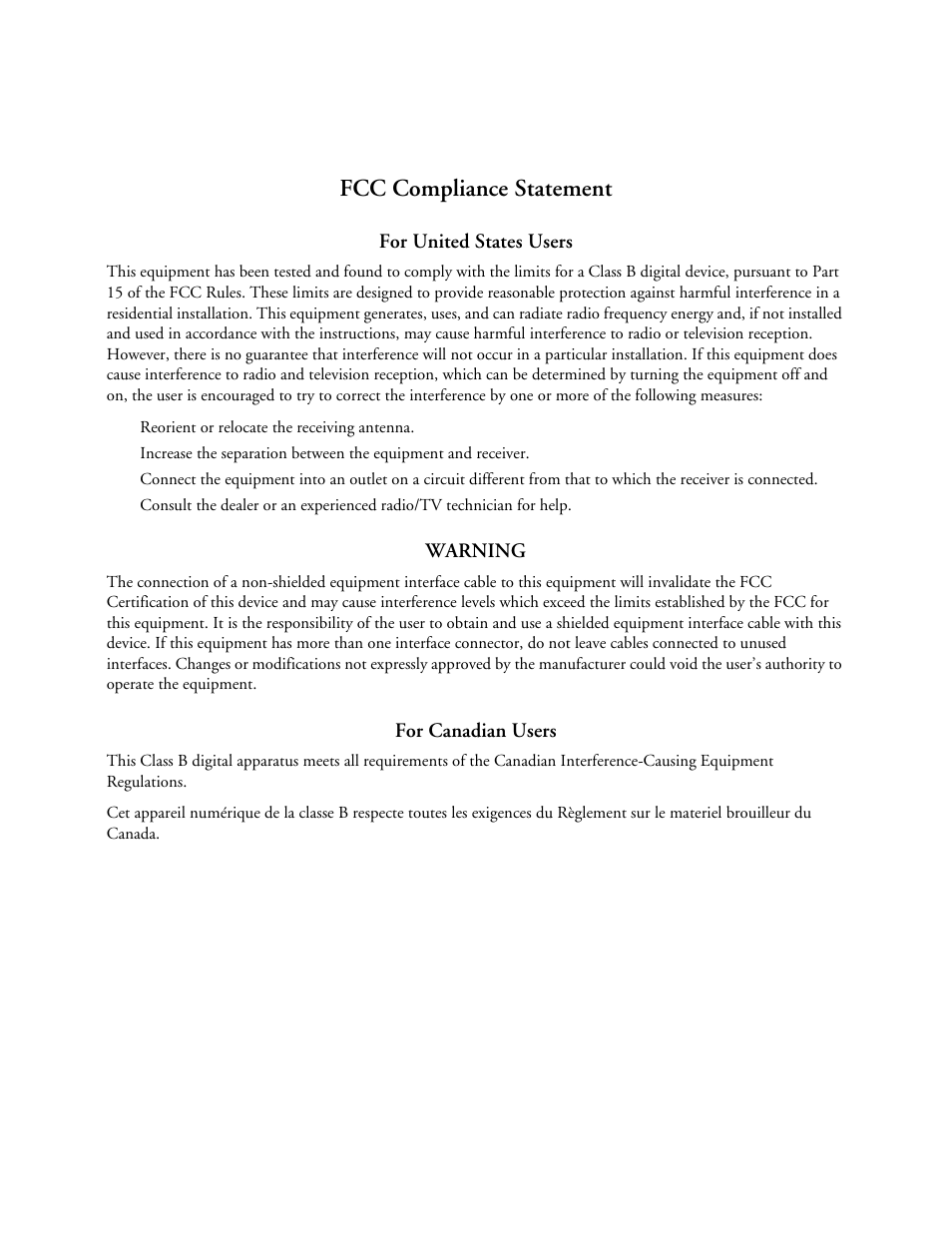 Fcc compliance statement, For united states users, Warning | For canadian users | Epson 900N User Manual | Page 3 / 125