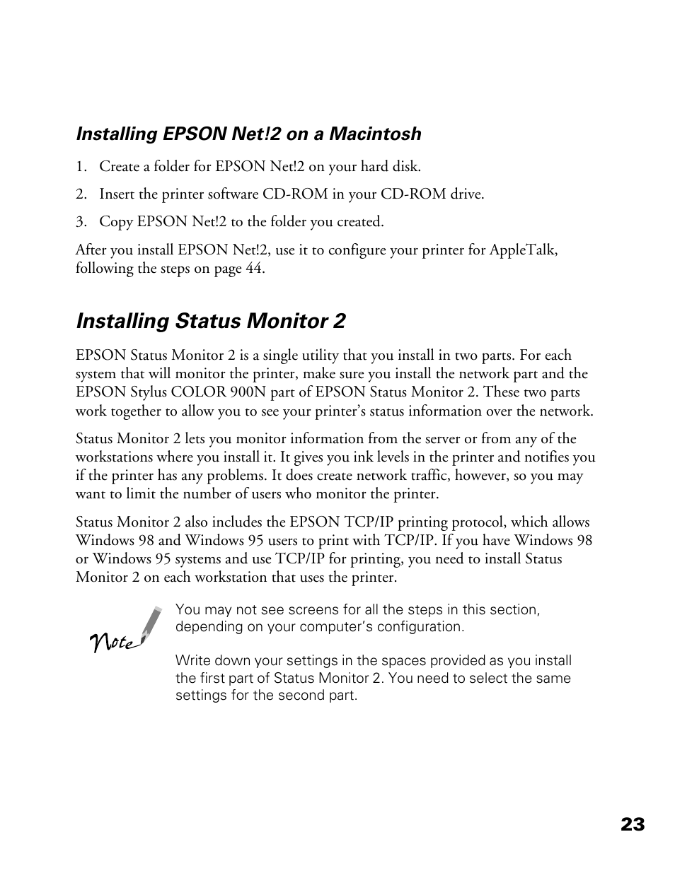 Installing status monitor 2, 23 installing epson net!2 on a macintosh | Epson 900N User Manual | Page 30 / 125