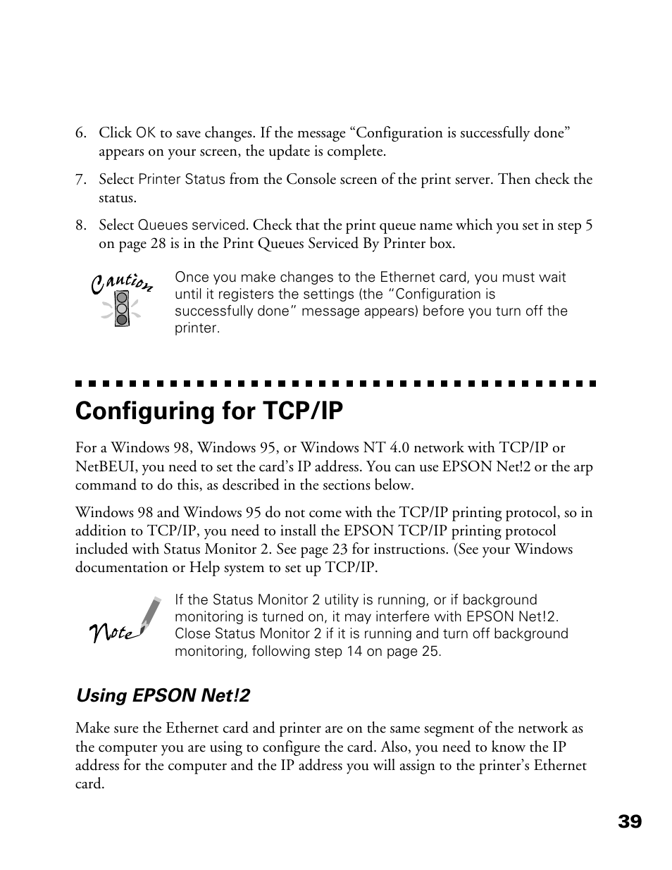 Configuring for tcp/ip, Using epson net!2 | Epson 900N User Manual | Page 46 / 125