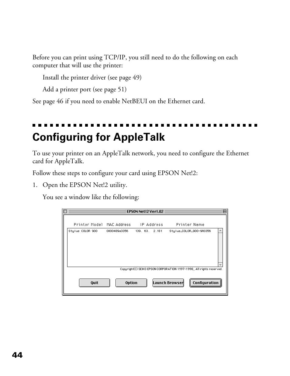 Configuring for appletalk | Epson 900N User Manual | Page 51 / 125