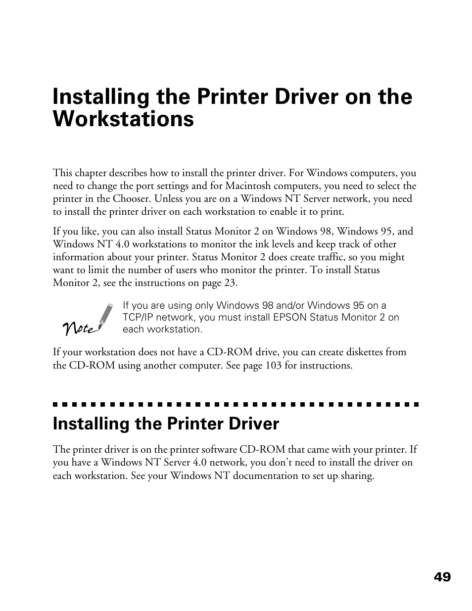 Installing the printer driver on the workstations, Installing the printer driver | Epson 900N User Manual | Page 56 / 125