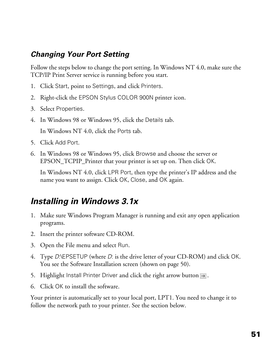 Installing in windows 3.1x, 51 changing your port setting | Epson 900N User Manual | Page 58 / 125