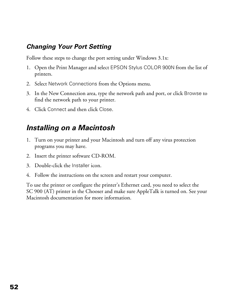 Installing on a macintosh, 52 changing your port setting | Epson 900N User Manual | Page 59 / 125