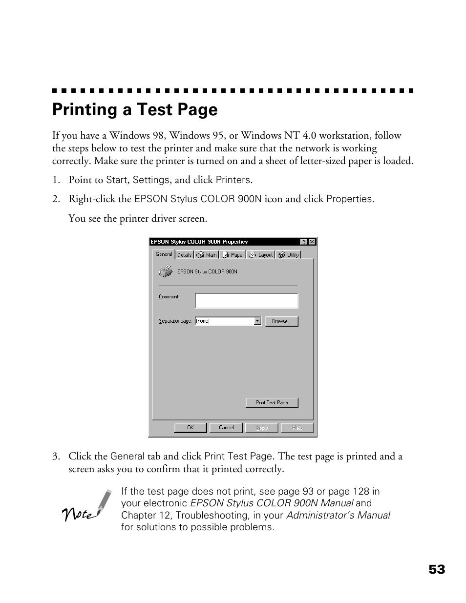 Printing a test page | Epson 900N User Manual | Page 60 / 125
