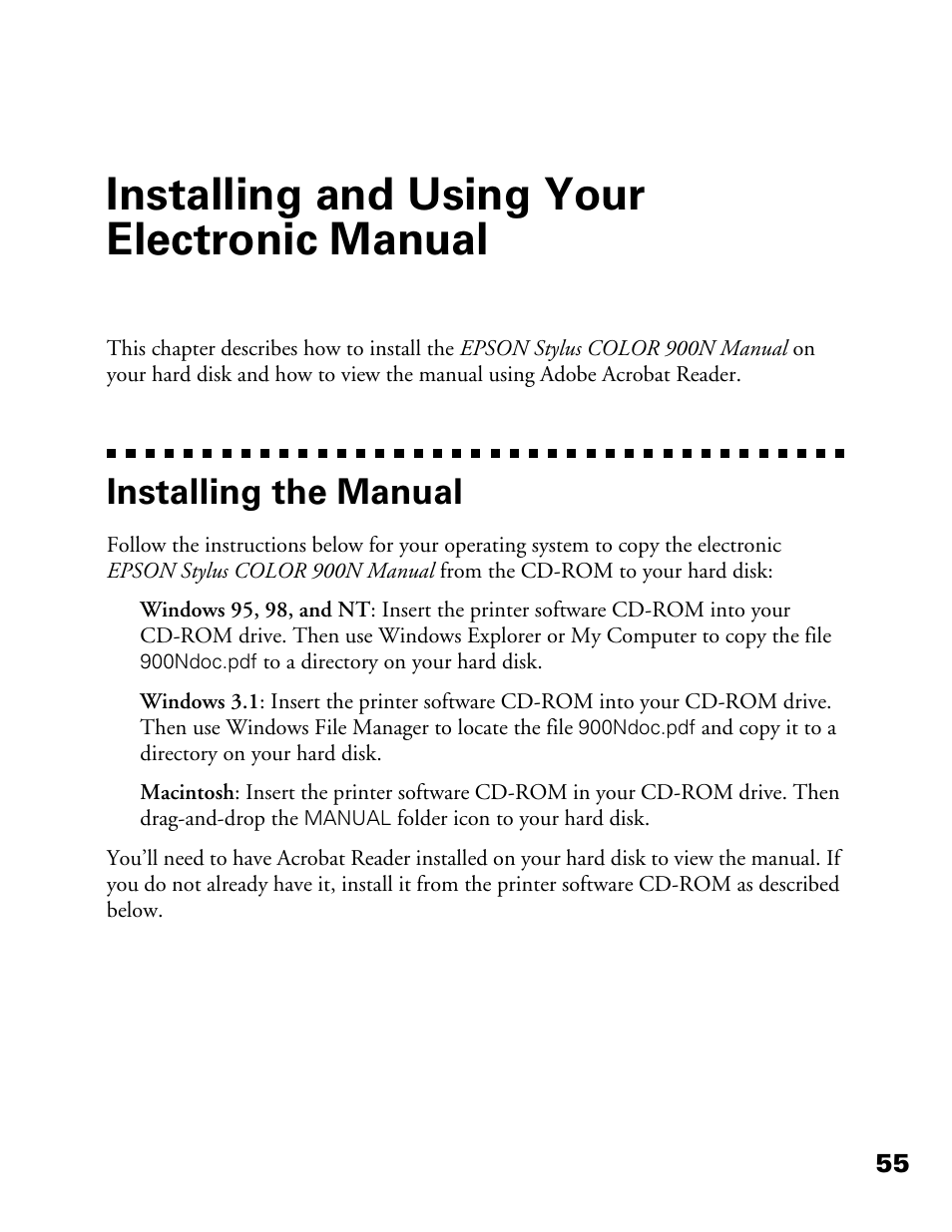 Installing and using your electronic manual, Installing the manual | Epson 900N User Manual | Page 62 / 125