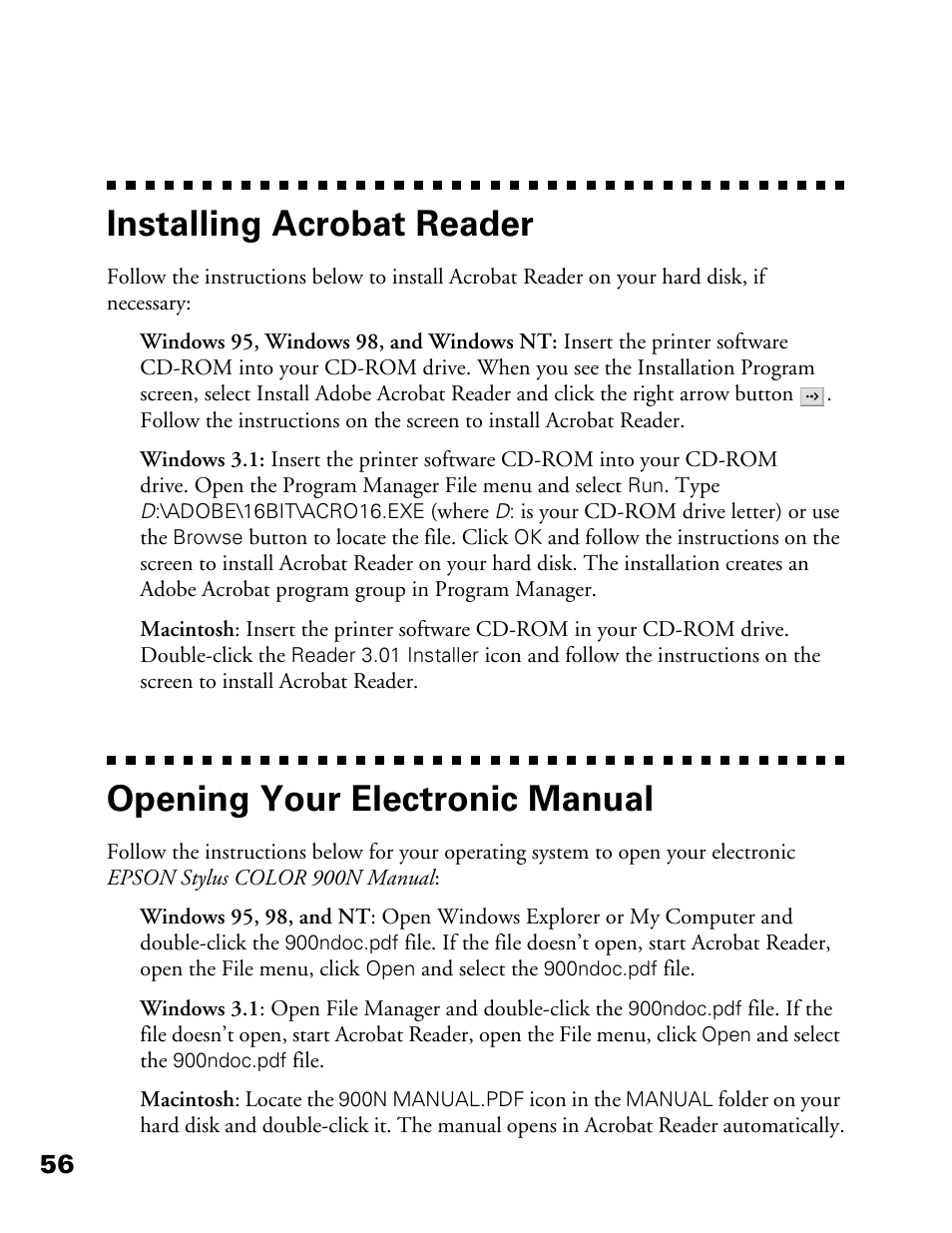 Installing acrobat reader, Opening your electronic manual | Epson 900N User Manual | Page 63 / 125