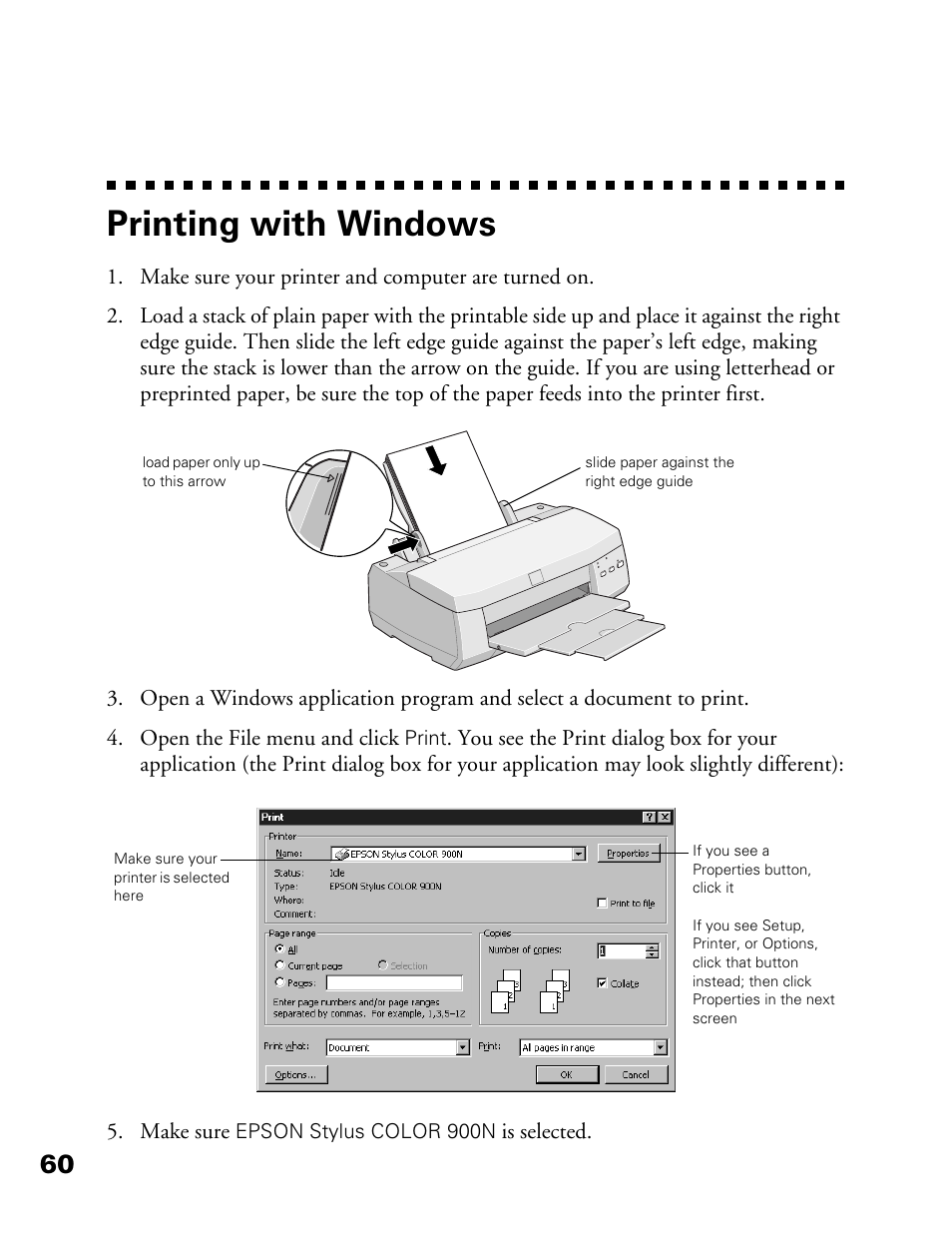Printing with windows | Epson 900N User Manual | Page 67 / 125