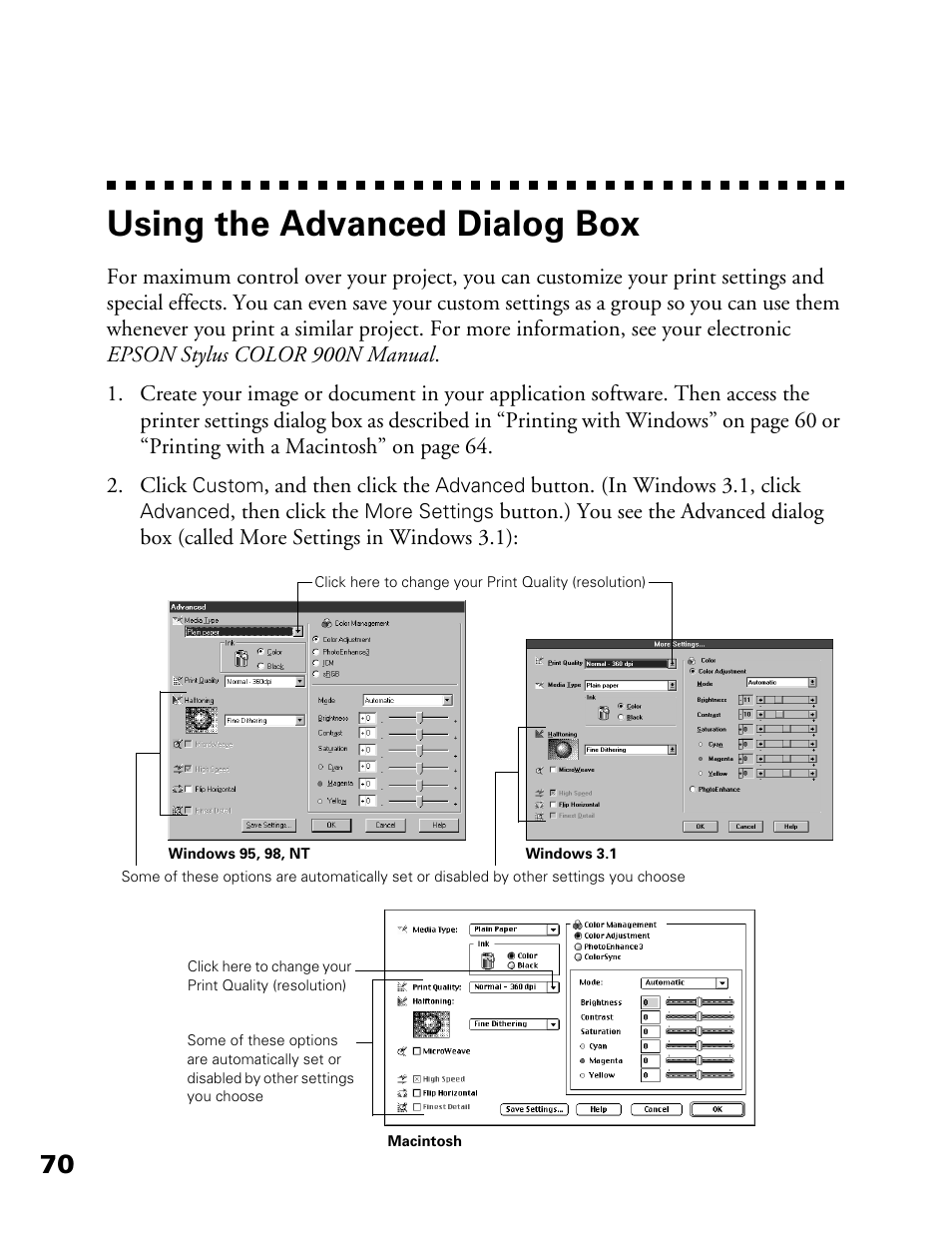 Using the advanced dialog box | Epson 900N User Manual | Page 77 / 125